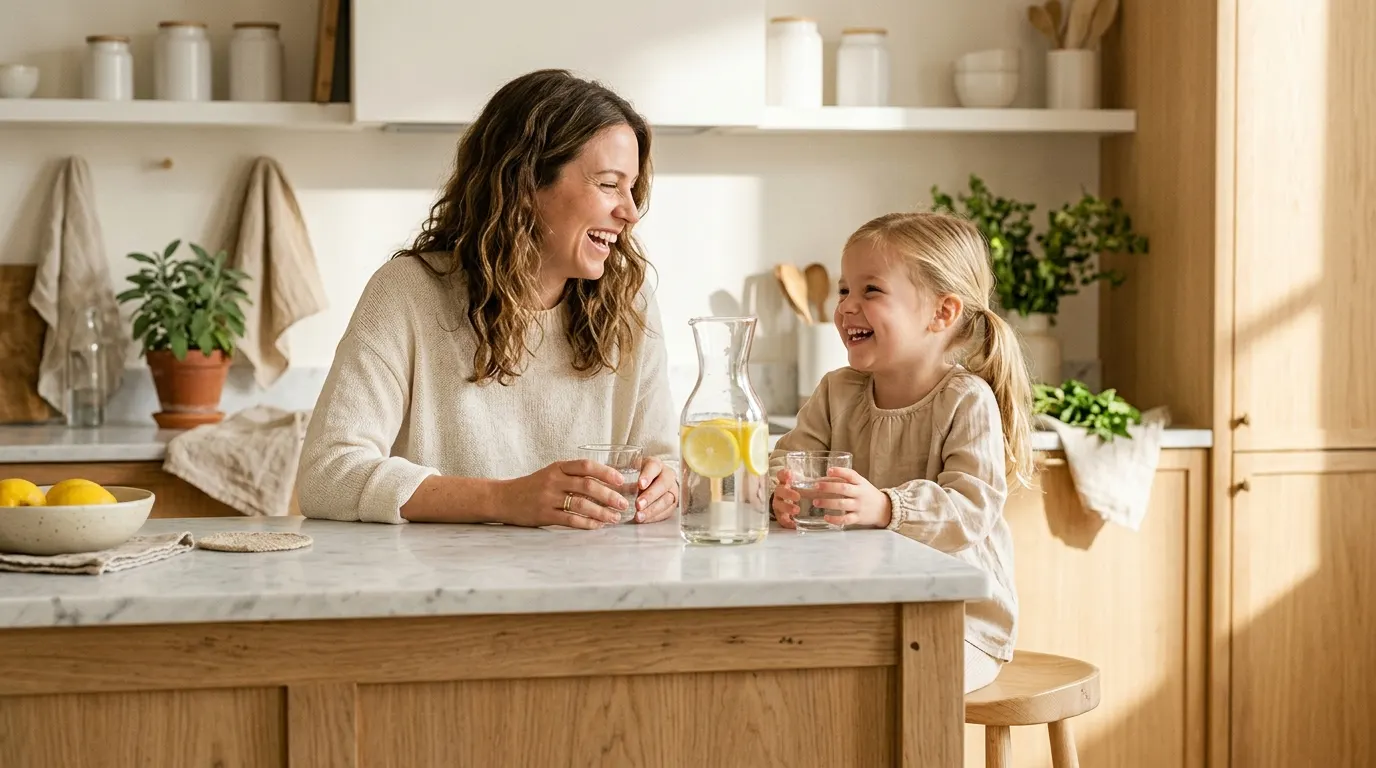 Mother and daughter laughing over glasses of lemon water in a sunlit kitchen