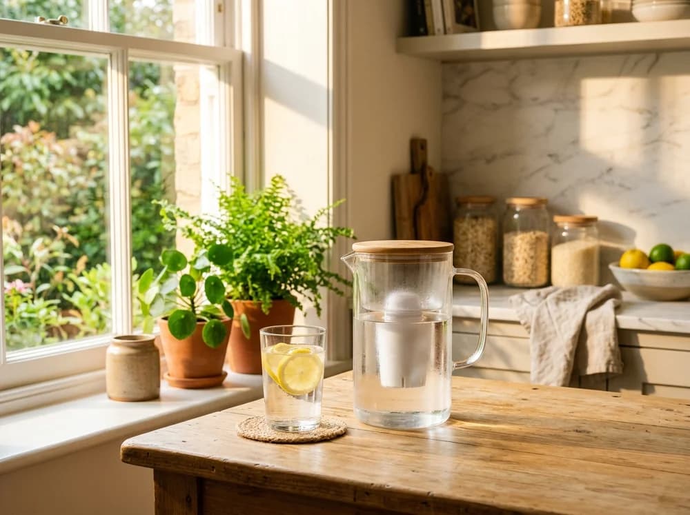 Glass filter pitcher and a glass of water with lemon by a sunny window
