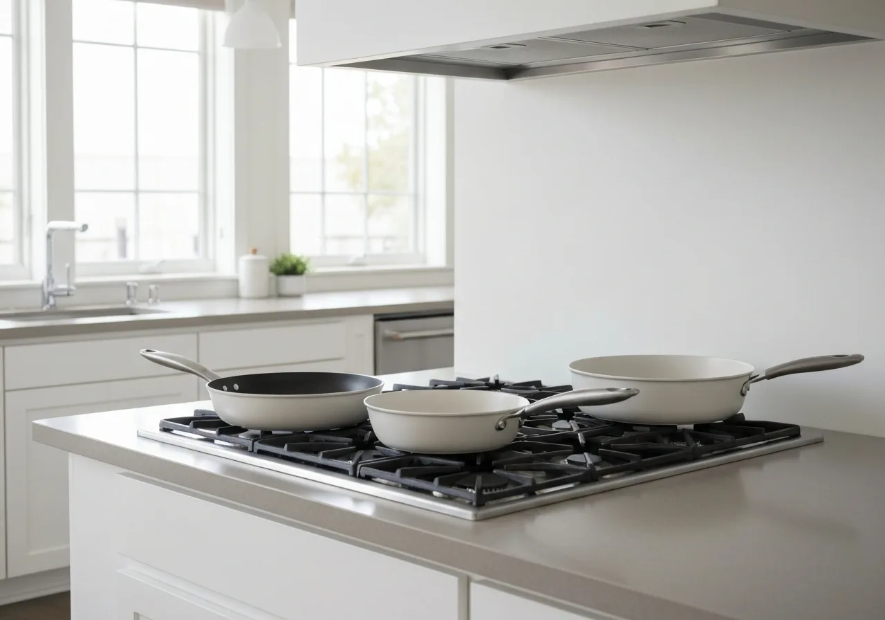 ceramic and stainless steel pans on a clean modern kitchen stovetop