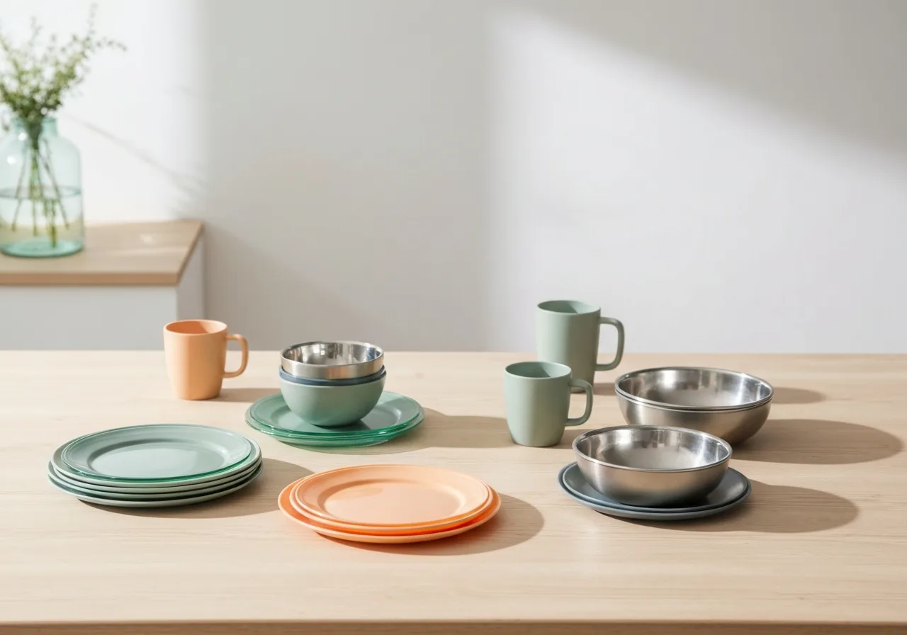 colorful glass and stainless steel children's plates and cups on a wooden kitchen table