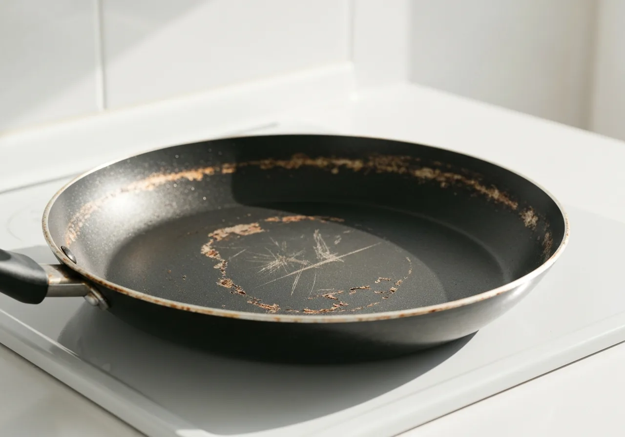 Scratched and worn nonstick frying pan on a kitchen stovetop showing coating damage